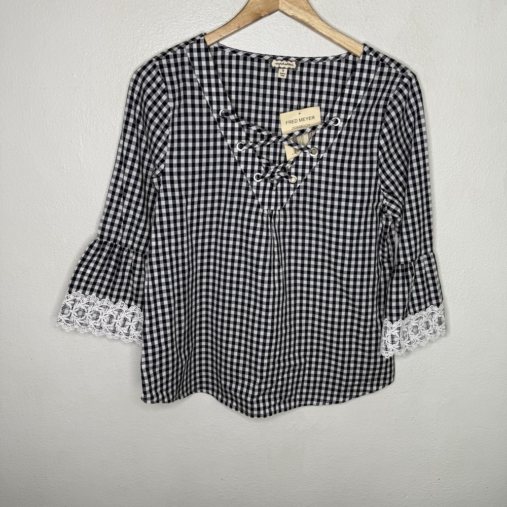 New Eyeshadow Navy Blue White Gingham Lace Up Top Lace Cottagecore Women's Small